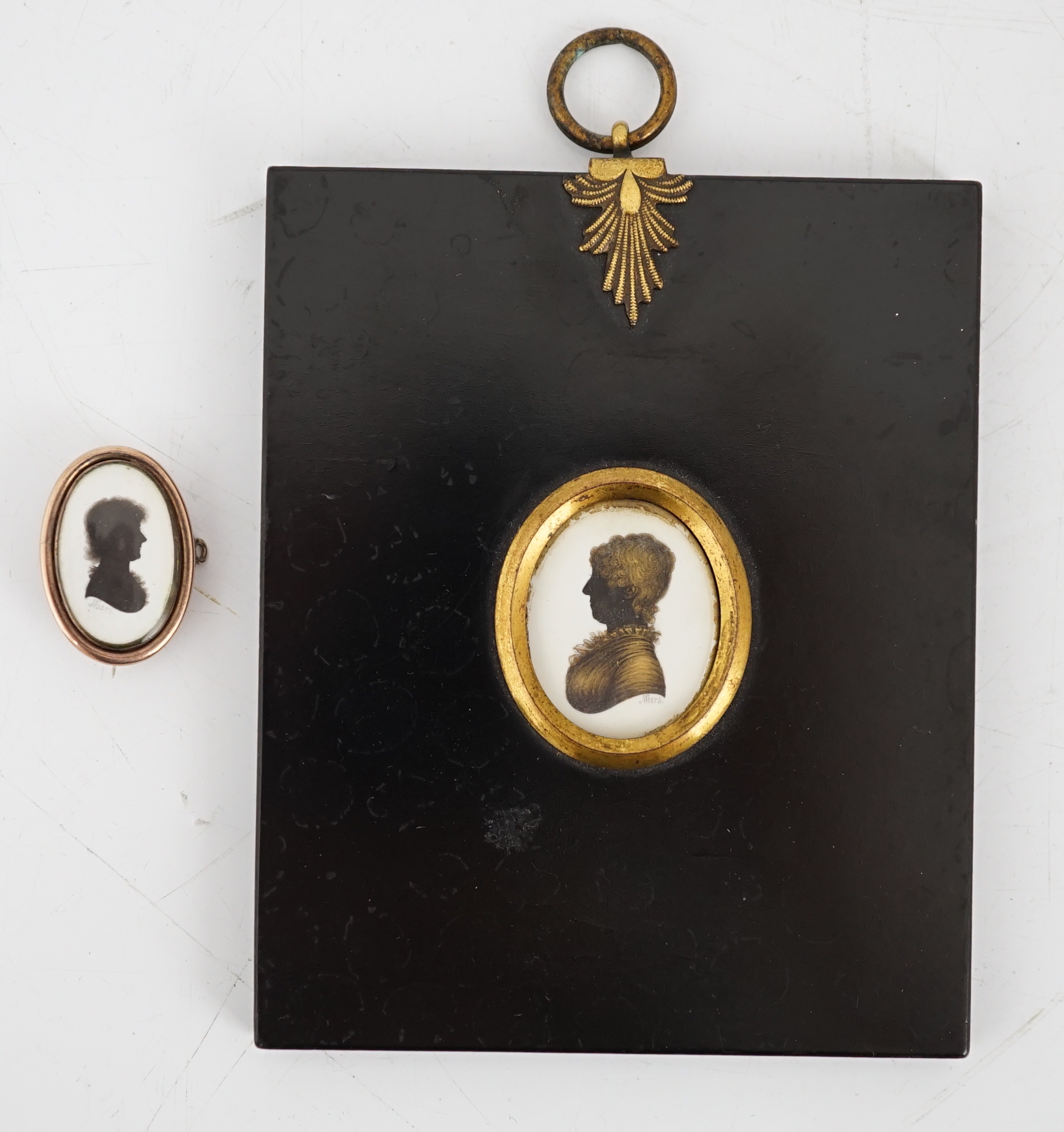 John Miers (1756-1821), Silhouettes of young and old ladies (2), painted and bronzed ivory